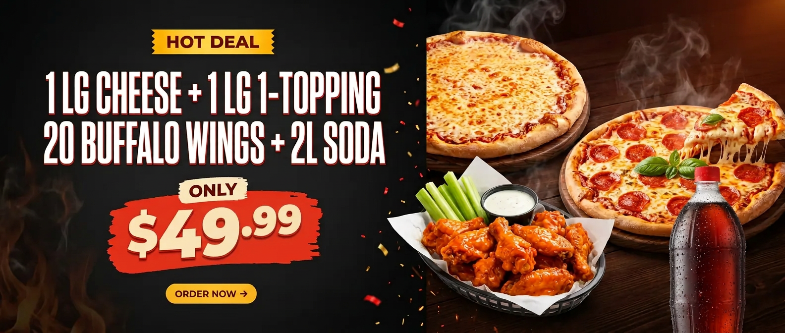 Hot Deal: 1 Lg Cheese + 1 Lg (1 Topping) + 20 Buffalo Wings + 2L Soda for $49.99