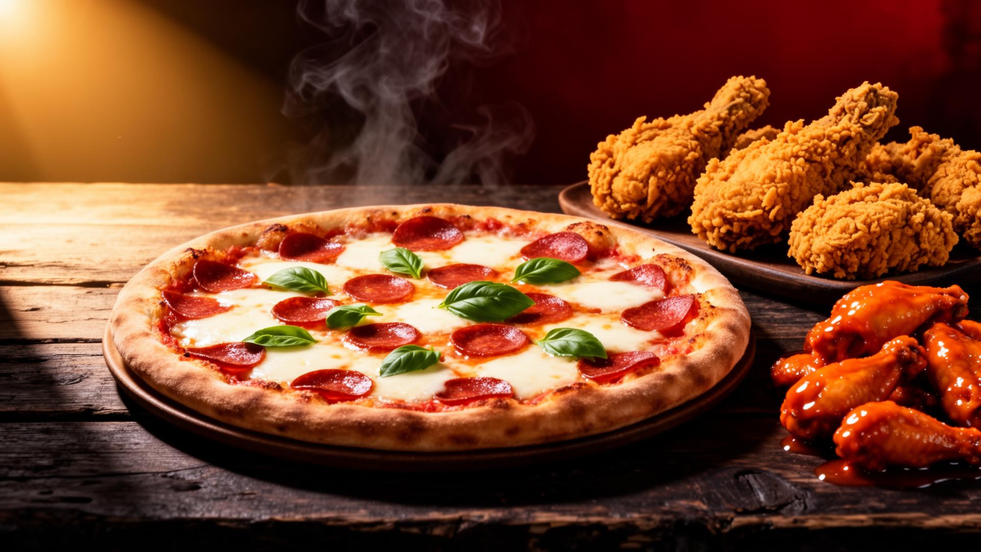 Fresh pizza, fried chicken and buffalo wings on a rustic table